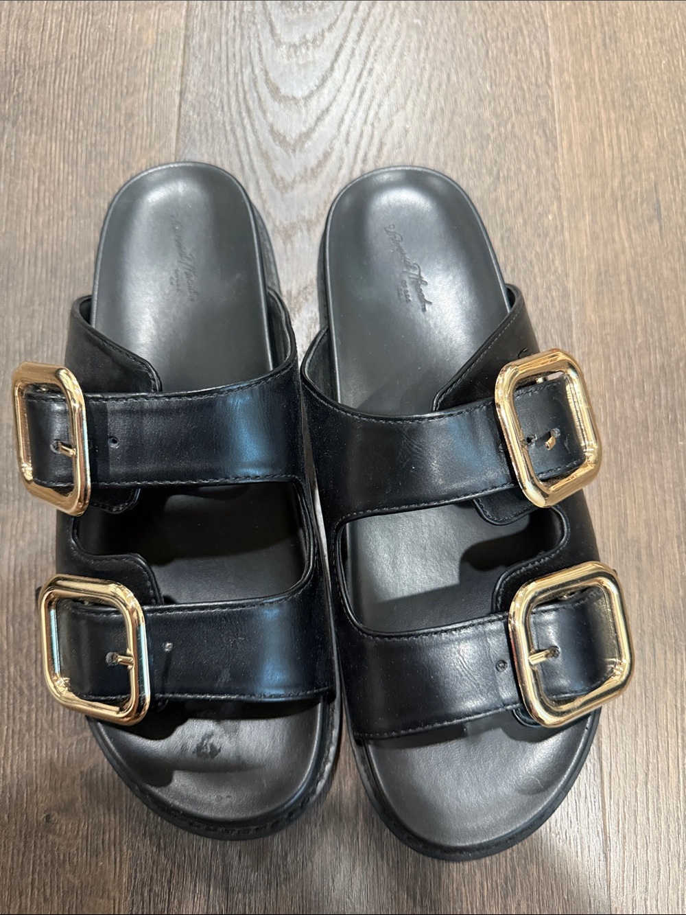 Universal Thread Black Slide Sandals with Gold Buckles